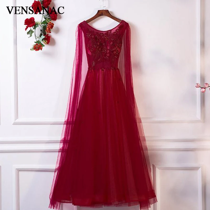 

VENSANAC 2018 O Neck Lace Embroidery A Line Long Evening Dresses Crystal Party Flowers Appliques Backless Prom Gowns