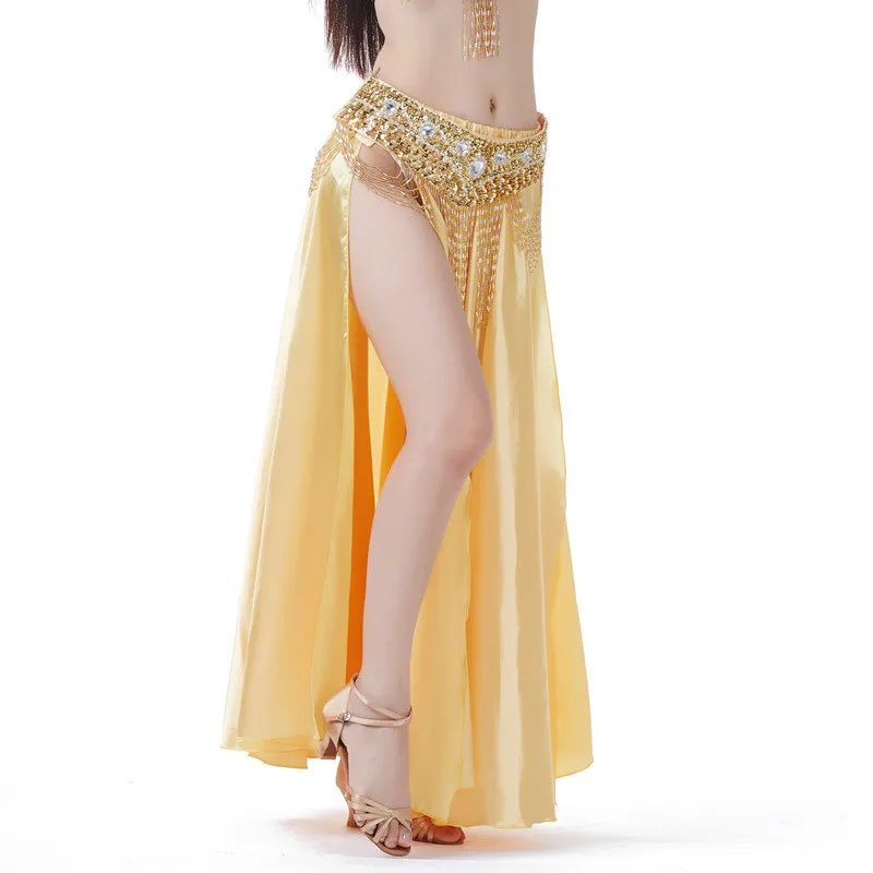 Vrouwen Buikdans Kostuum Sexy Dubbele Side Split Bellydance Jurk Lady Kleur Satijn Rok Dancewear (Geen Riem)