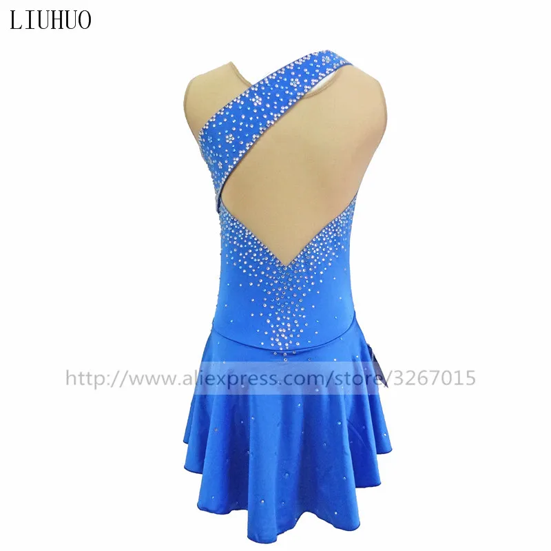 LIUHUO Figure Skating Dress Women's Girls Ice Performance Gymnastics Competition Ballet Dance Costume Sleeveless Blue Skirt Teen