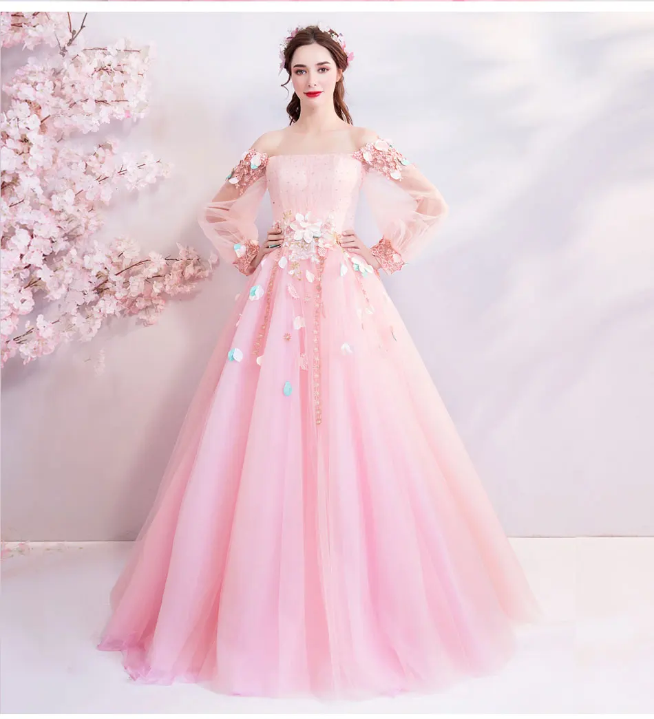 100%real luxury light pink slash collar sleeve cosplay ball gown medieval dress Renaissance gown queen Victorian Belle Ball gown