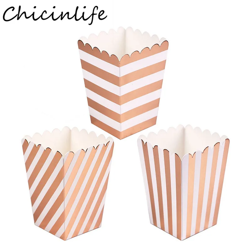 Chicinlife 8Pcs Rose Gold Popcorn Box Happy Birthday Party Disposable Tableware Candy Bags Wedding Baby Shower Decor Supplies