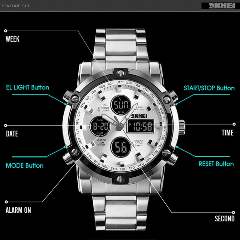 Men\'s Watches Dual Display LED Digital Waterproof Full Steel Quartz Watch Men Clock Luxury Brand Relojes SKMEI 2018