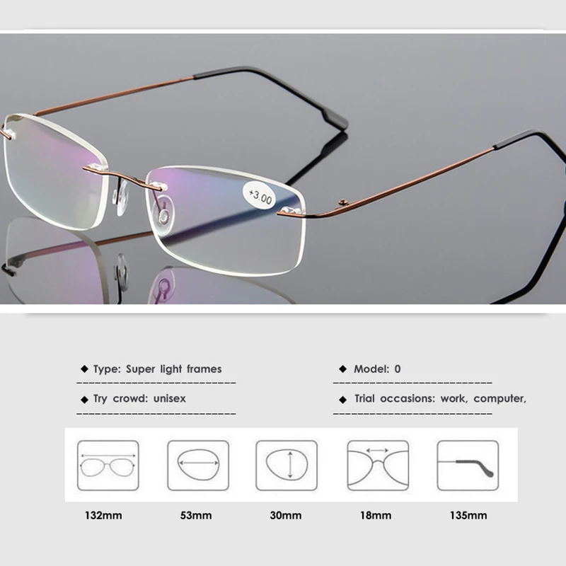 VCKA Rimless Reading Glasses Men Titanium Alloy Fold  Women Square Eyeglasses Presbyopic Frameless Eyewear +1.0 +1.5 +2.0 +2.5