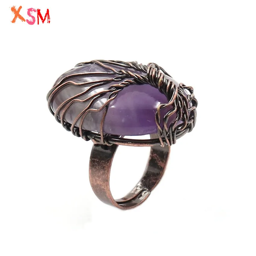 xinshangmie Natural Amethysts Rose Quartzs Opal Etc Handmade Copper Wire Wrapped Oval Resizable Rings Fashion Woman Jewelry 1pcs