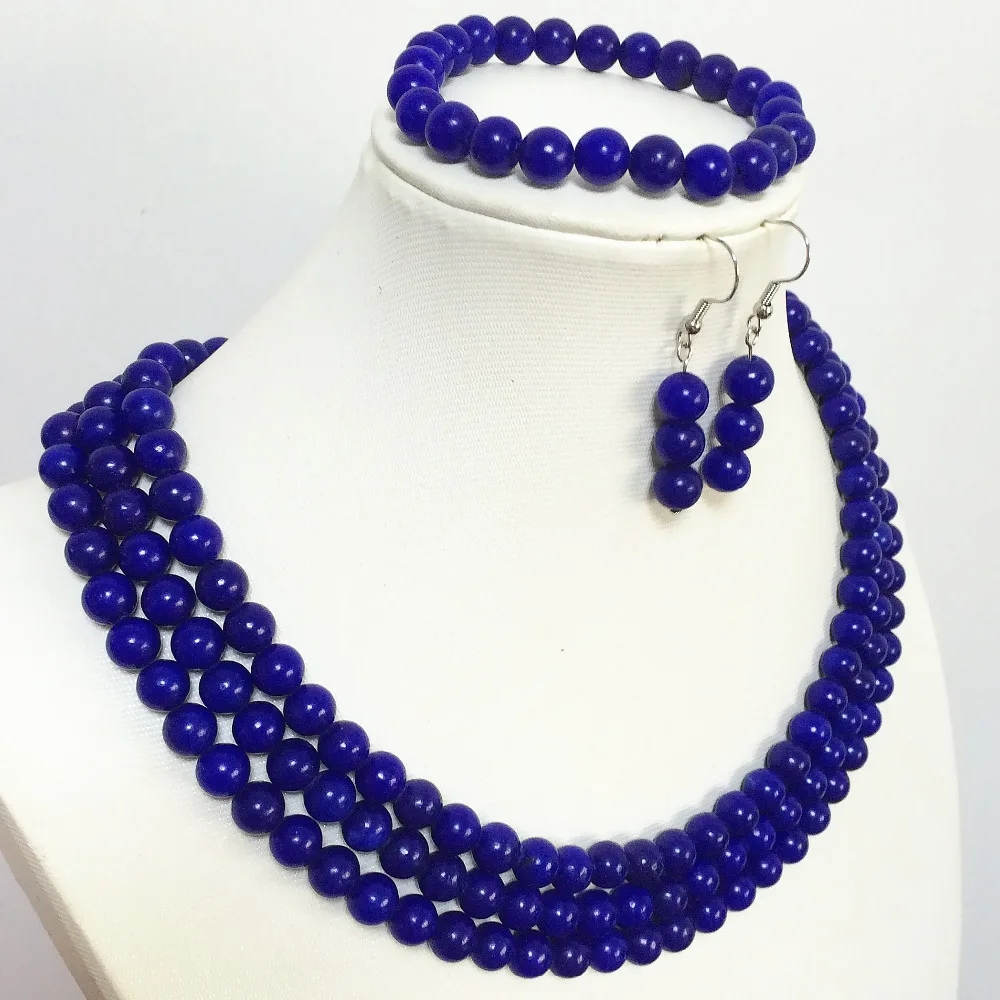 

Classical blue lapis lazuli 8mm round beads charms cute 3 rows necklace bracelet earring best gift jewelry set 17-19inch B1516