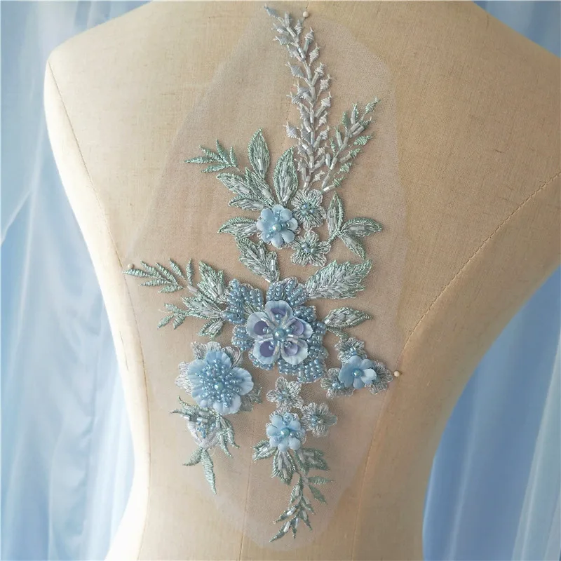 Elegant 3D Flower Embroidery Lace Applique, Pearl Beaded Lace, Trim Dress Fabrics, Material Colors, 28*16.5cm, 1 Pc