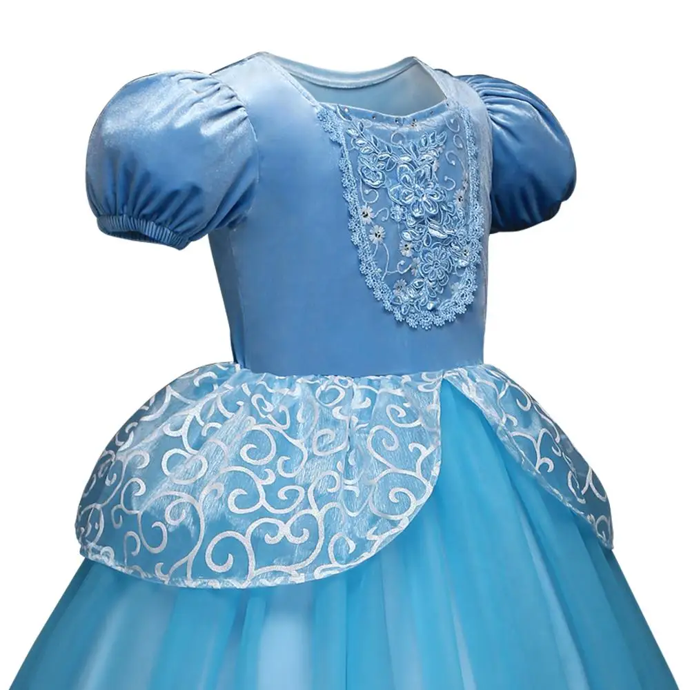 Girls Cinderella Dress up Cosplay Costumes Kids Puff Sleeve Embroidery Blue Clothes Child Christmas Birthday Princess Dresses