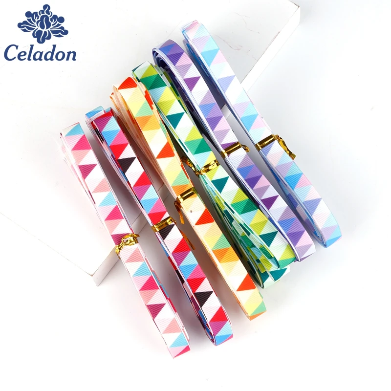 5/6yards/lot 10mm Multi color option geometric pattern Grosgrain Ribbon Packing Tape DIY Hair Bow Jewelry Findings