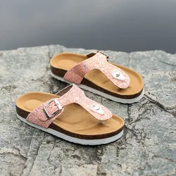 New Kids Slippers Summer Beach Children Cork Sandals Bling Sequins for Family Shoes Leopard Barefoot Flats Girls Slipper