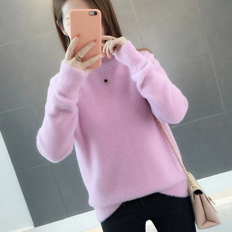 Warm Fall Knitted Faux Mink Fur Pullover Women Long Hair Turtle Neck Tops Ladies White Solid Color Jumper Casual Femme Pull Top