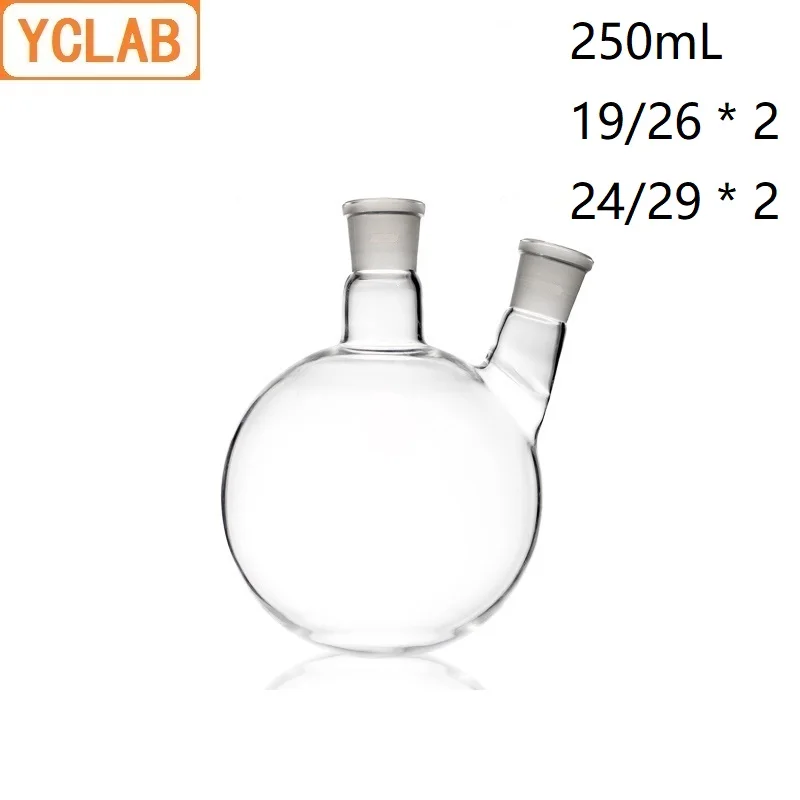 YCLAB 250mL 19/26 * 2 & 24/29 * 2 Distillation Flask Oblique Shape with Two Necks Standard Ground Mouths Distilling Round Bottom