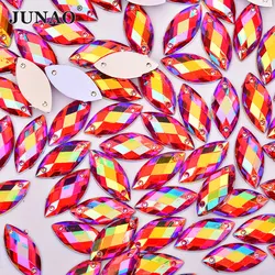 JUNAO 500szt 7x15mm Glitter Red AB Crystal Rhinestones Acrylic Strass Sew On Flat Back Gems Horse Eye Stones for Dress Crafts