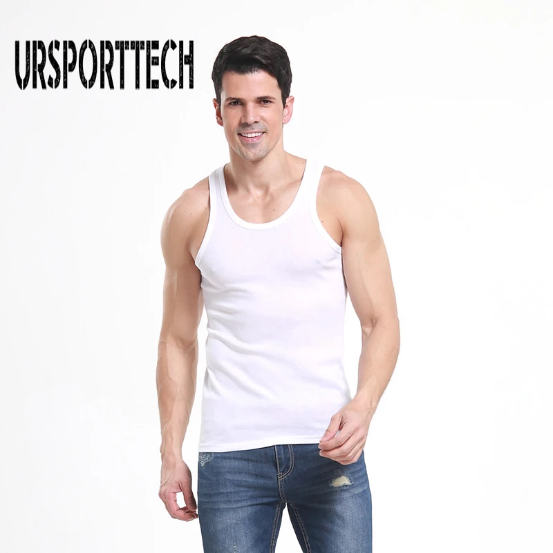 URSPORTTECH Brand Mens Sleeveless Vest Summer Cotton Male Tank Tops Gyms Clothing Bodybuilding Undershirt Fitness Gilet