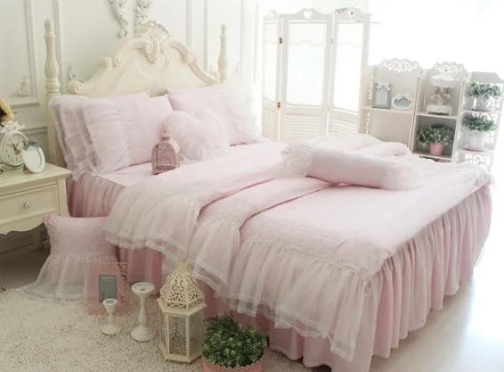 100%COTTON Europe Pink lace Ruffle Bedding 4pcs set twin-KING size wedding Bed set Princess Duvetcover Bedsheet pillow case sets