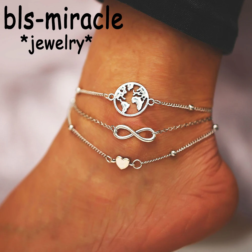 Bls-miracle Boho Infinite Heart Map Anklets Set For Women Silver Color Multi Layer Anklet Bracelets On Leg  Foot Jewelry New