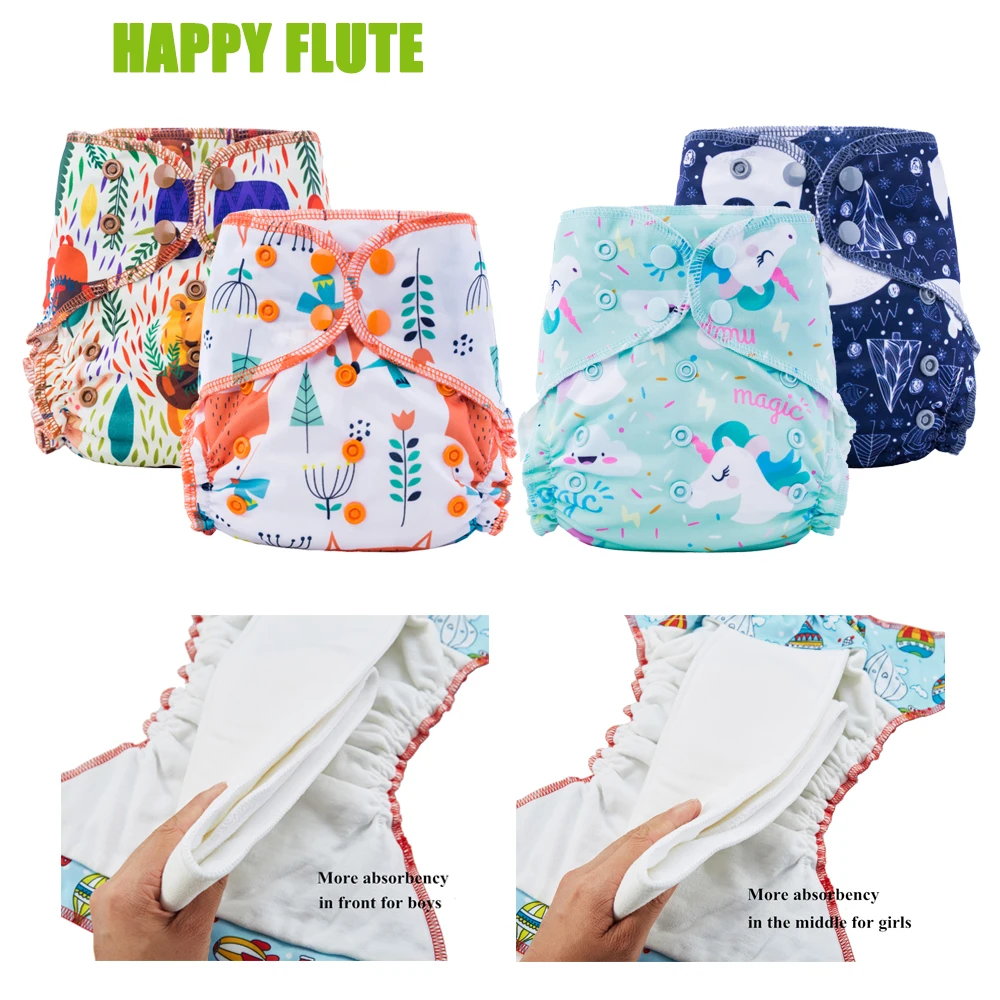 Happy Flute Baby Ecological Cloth Diapers Overnight All in One Bamboo Cotton Absorbent Reusable Eco-friendly Baby Diapers