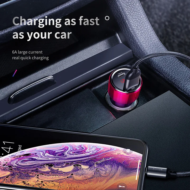 Baseus LED 6A Quick Charge 4.0 3.0 USB Car Charger For Xiaomi mi 9 Huawei P30 Pro QC4.0 QC3.0 Fast PD Car Charging Phone Charger