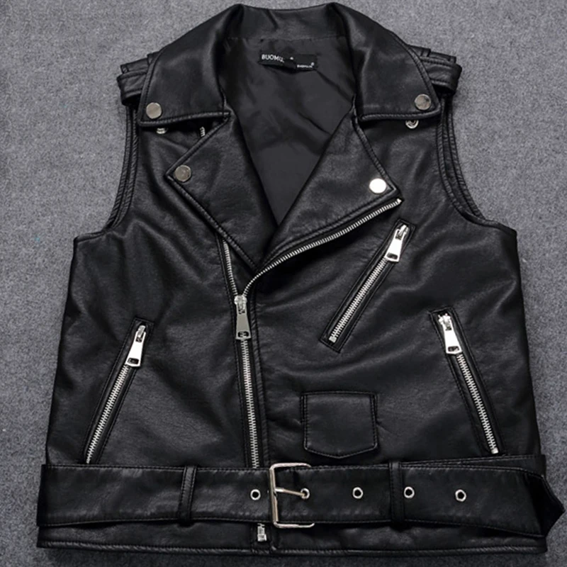 4XL Plus Size Female Motorcycle Waistcoat Black Leather Vest Women Sleeveless Biker Jacket With Belt