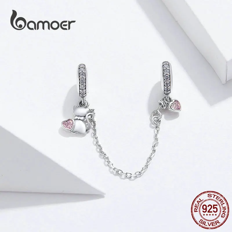 bamoer Pet Cat Heart Safety Chain with Silicone 925 Sterling Silver Charm for Bracelet & Bangle DIY Jewelry Accessories SCC1233