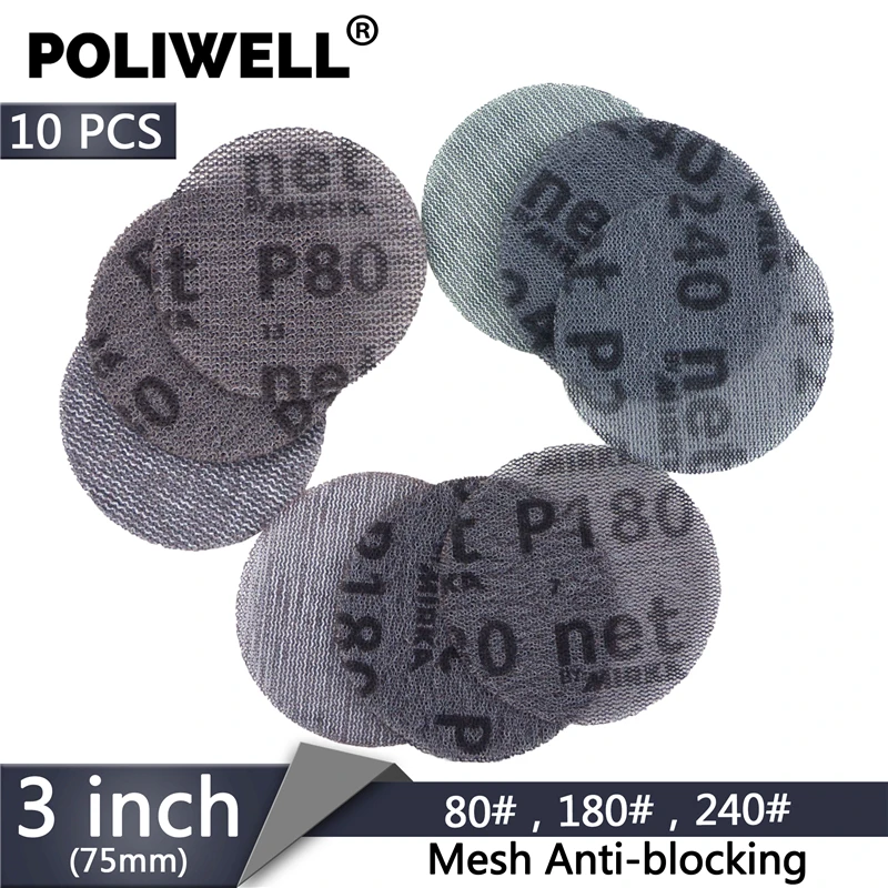 POLIWELL 10PCS 3/4 Inch Mesh Abrasive Paper Dust Free Sanding Discs Car Repair Round Net Sandpaper Anti-blocking 80 180 240 Grit