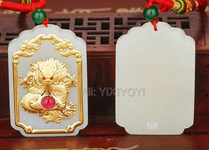 Natural White Hetian Jade + 18K Solid Gold Dragon Red Green Gem Inlay Amulet Pendant + Free Necklace Jewelry + Certificate