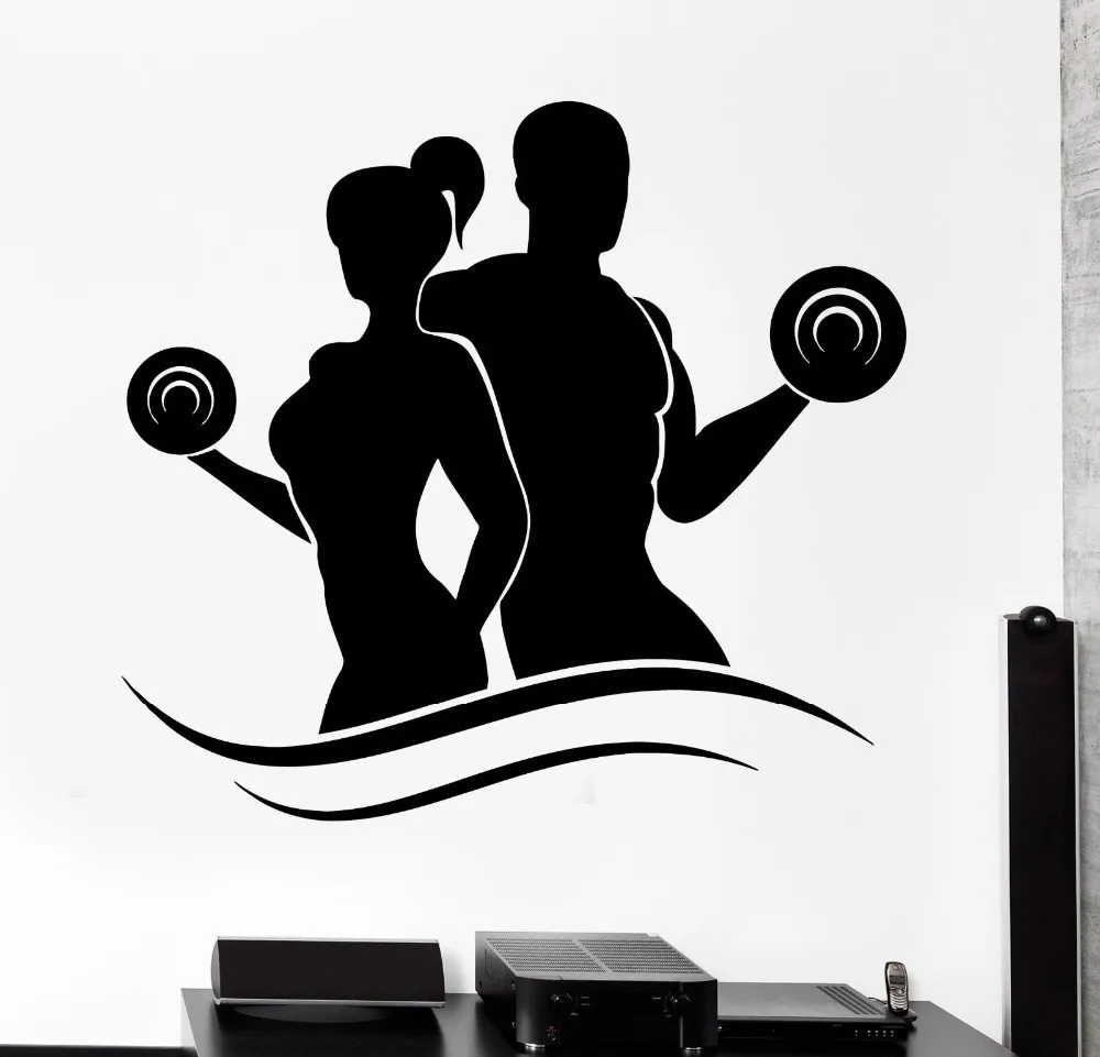 Fashion Fitness Vinyl Wall Decals Lady Man Bodybuilding Dumbell Barbell Gym Wall Sticker Fitness Centre Bedroom Home Decoration