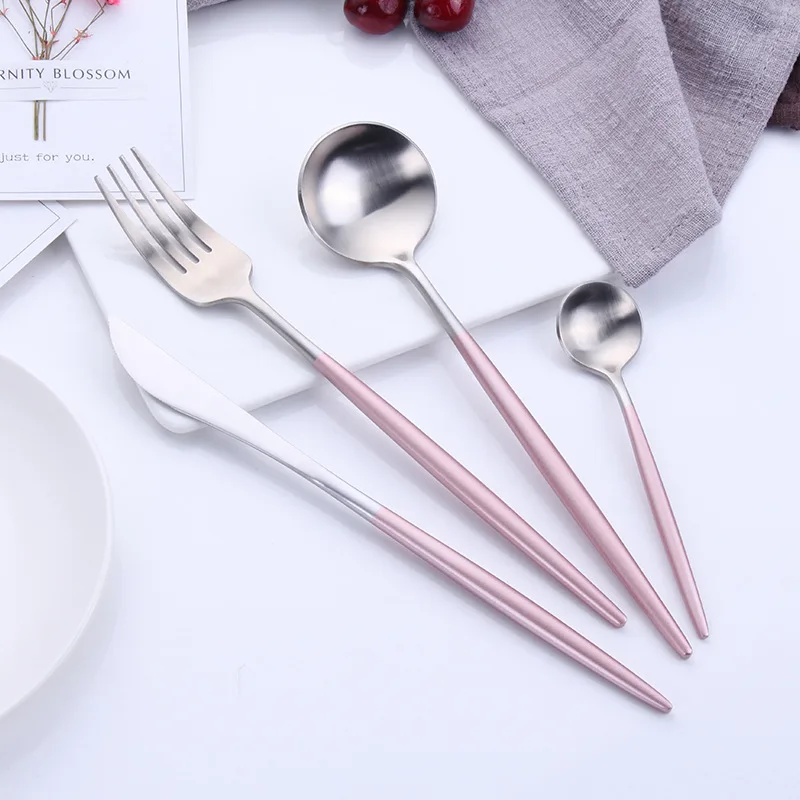 

Cheap Stainless Steel Cutlery Set 24 Pieces Gold Knife Fork Set Tableware Luxury Pink Cutleries Western Food Dinnerware Set