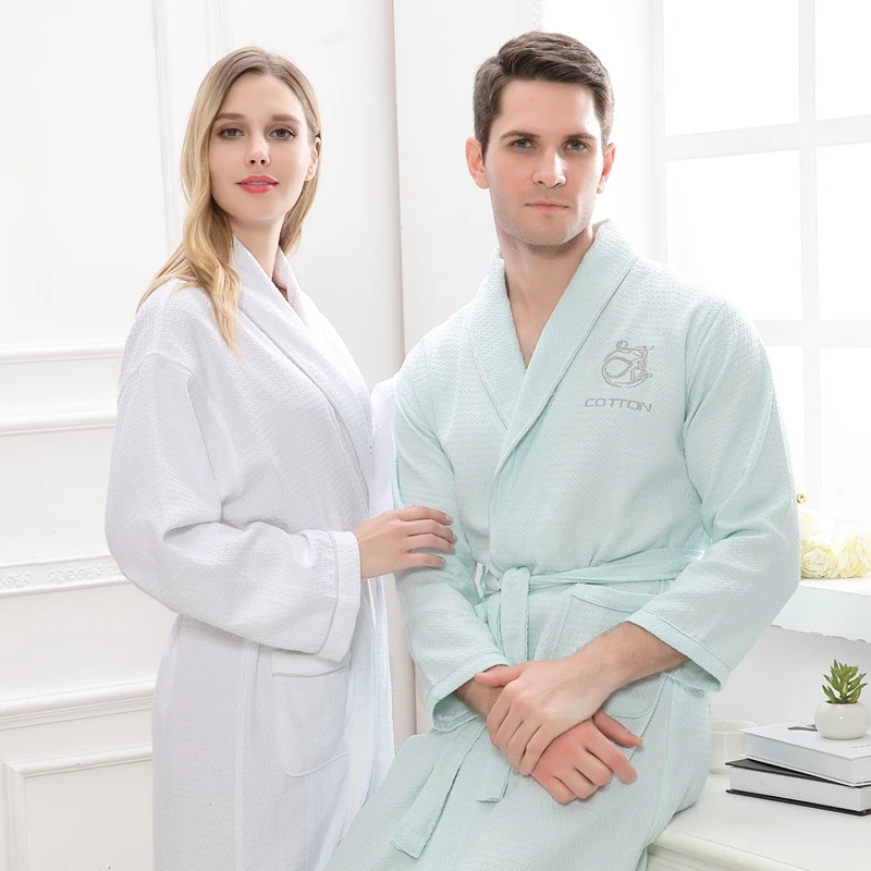 Summer Cotton bath robe dressing gown Men Women long Sleeve Waffle Sleep Lounge Bathrobe Peignoir Nightgowns Lovers Robes summer