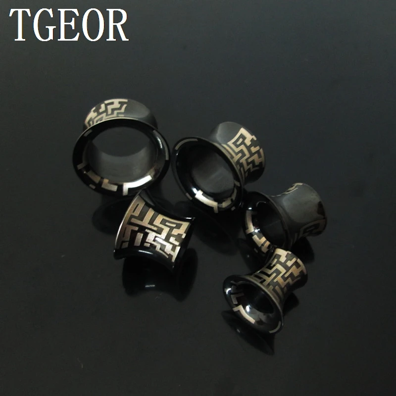 NICE mixed gauges 1pcs surgical Stainless Steel double flare Totem print black ear tunnels 2021HOT