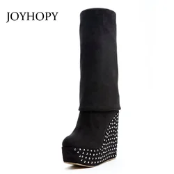 JOYHOPY Autumn Winter Over The Knee Boots Women Wedges Platform Thigh High Boots Rivet Woman High Heel Thin Leg Stretch Boots