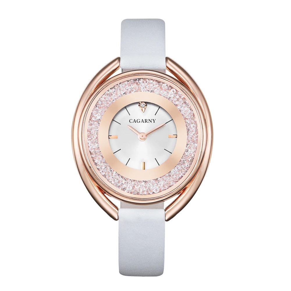 Luxury Brand Cagarny Women Watches Rose Gold Case Shining Crystal Women's Quartz Watch Woman Vogue Leather Strap Reloj Mujer New