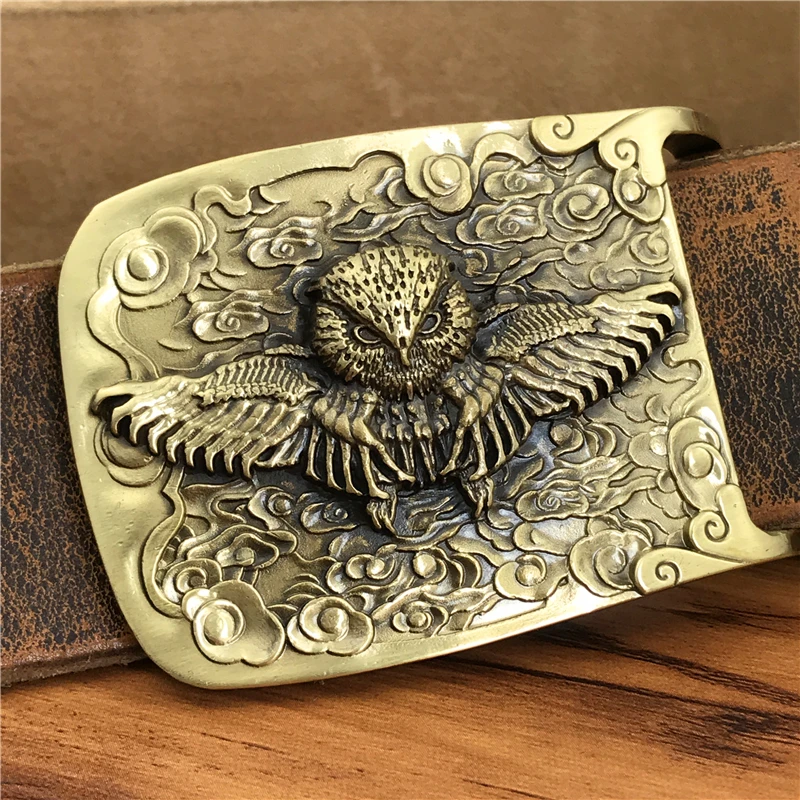 Brass Owl Belt Buckle Yellow Belts For Men Ceinture Homme Men Leather Belt Cowboy Jeans Male Leather Belt Strap Wide MBT0106