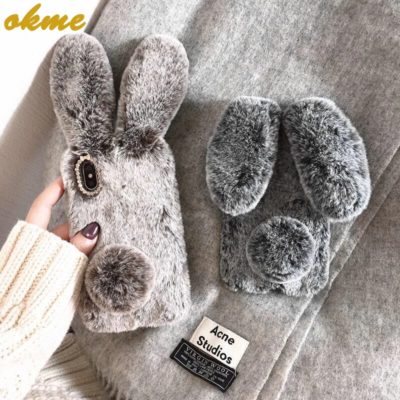 Fluffy Plush Warm Cell Phone Cases For iPhone 6 6S 7 8 plus Cases TPU Fundas Fur Rabbit Diamond Cover for iPhone X XR XS MAX