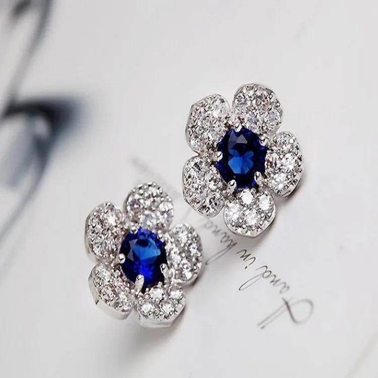 Charming Blue Crystal Flower Full Zirconia Cz Crystal Leaves Stud Earrings For Women Girls Piercing Jewelry Flowers Earrings