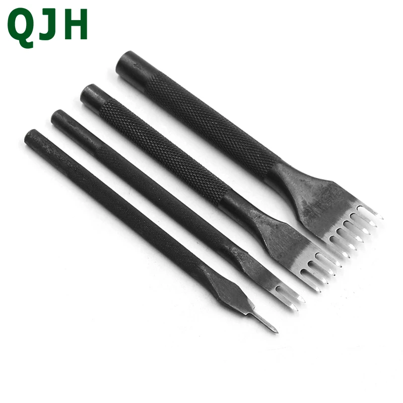 4mm 1/2/4/6 Prongs Leather Craft Hole Punches Stitching Punching Tools Black Round Handle Rhombic Chisel Inter-tooth Polishing