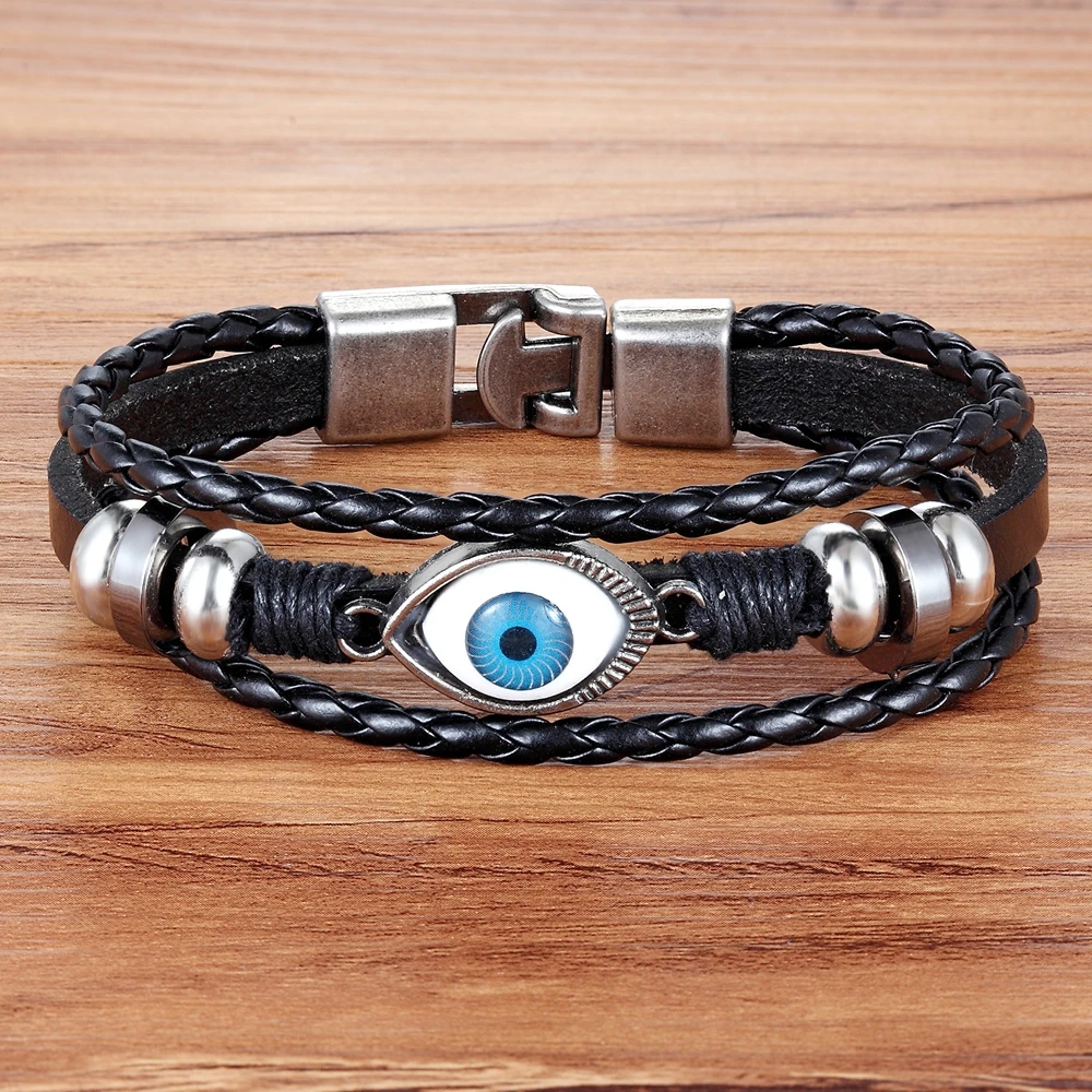 XQNI-Pulseira turca de mau-olhado para homens, vintage, multicamadas, pulseiras trançadas de couro, fivela de olho azul, joias