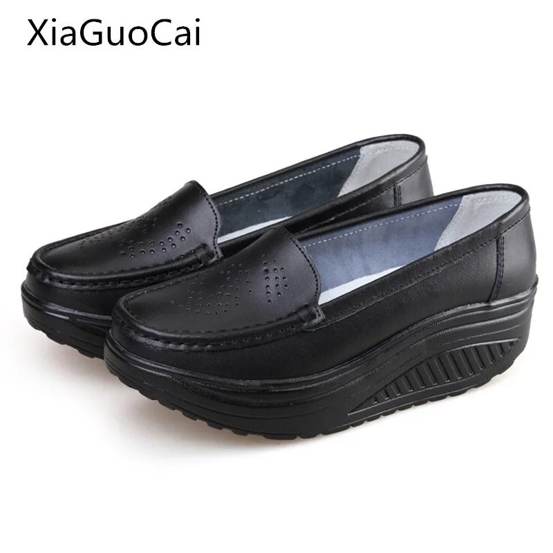 spring platform women casual shoes slip-on genuine leather mother Shake shoes nurse wedges shoes x1092 35