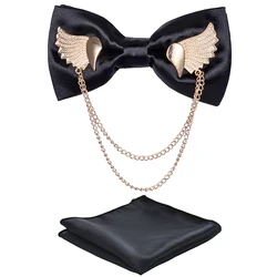 Nœud papillon en métal réglable pour hommes, avec ailes en métal, pochette carrée, serviette mouchoir, ensemble cadeau, cravates de cou formelles, accessoires de fête de mariage