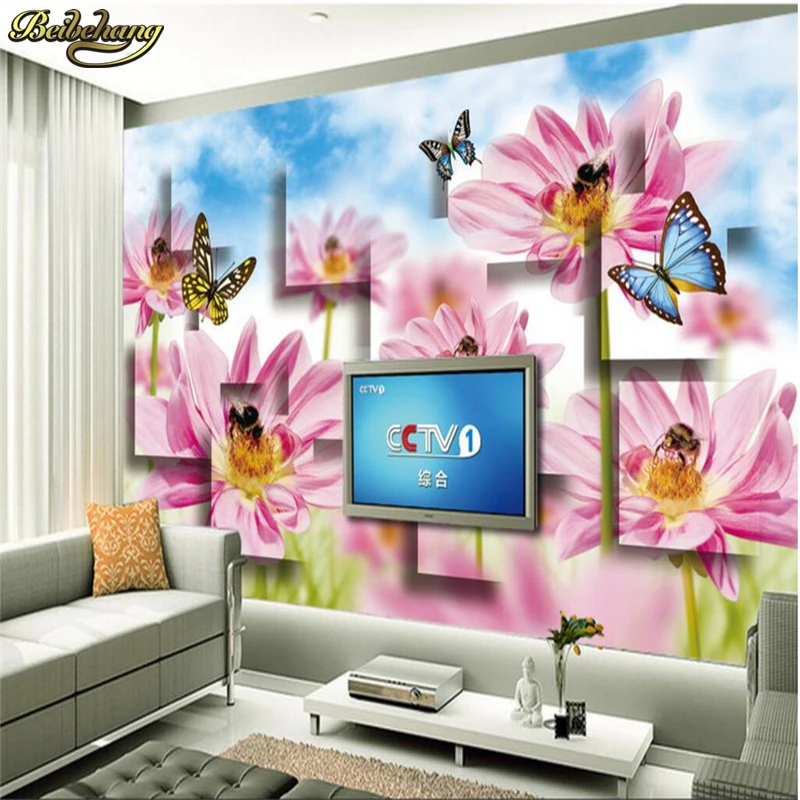 beibehang Custom Photo Wallpaper Mural Wall Stickers Butterfly Bouquet TV Background Wall papel de parede for walls 3 d