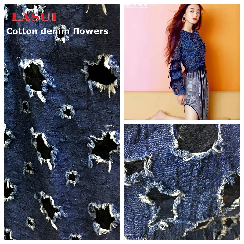 

LASUI 2017 New product cotton denim embroidered fashion lace fabric Black lace mix denim Stylish derss Fashion clothing X0276