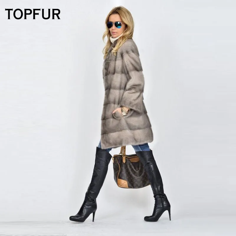 TOPFUR Genuine Leather Jacket Women Winter Coat Women Gray Jacket With Fur Collar Real Mink Fur Coat Women Real Fur Coat Outwear