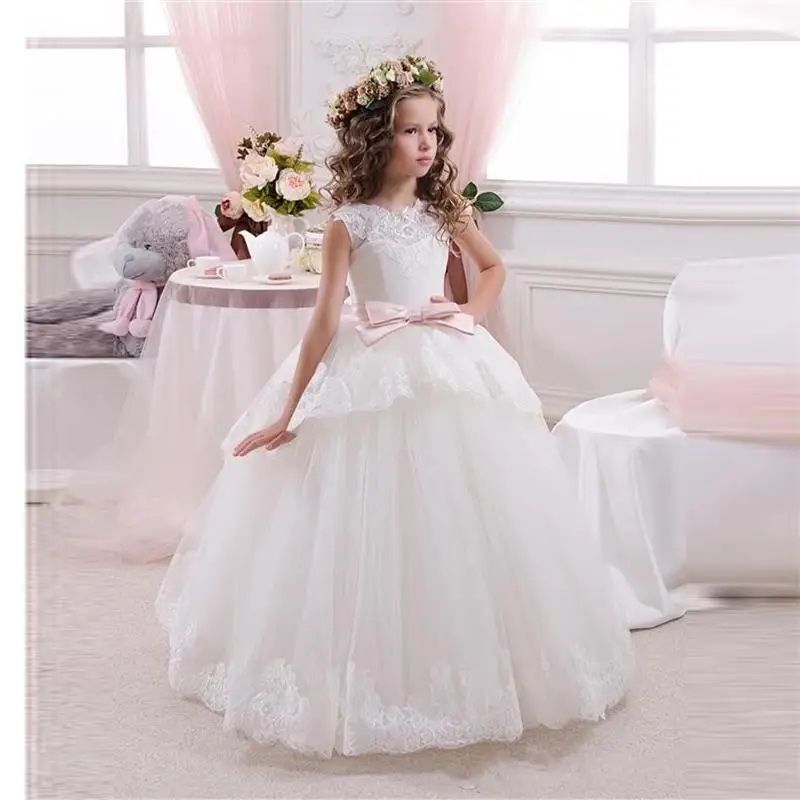 Unico Principessa Ball Gown White Lace Prima Comunione Abiti Per Le Ragazze 2016 Bow Piano Lunghezza Fiore Ragazza Abiti Per Matrimoni