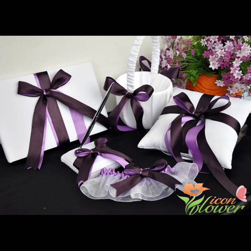 

5Pcs/Set purple Satin Bowknot Wedding Ring Pillow Guest Book +Pen Set Ring Pillow Flower Girls Basket Wedding Bridal Set