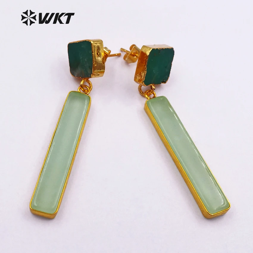 

WT-E420 Wholesale Custom New Arrived Natural Chrysoprase Stone Green Long Earrings With Gold Trim Accessories for Women Gift