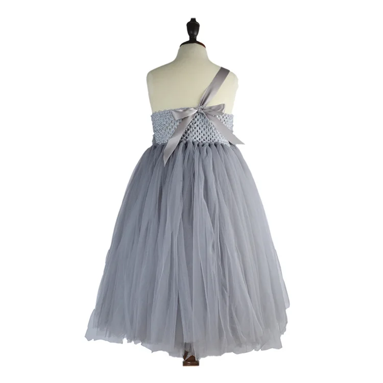 Lovely Girls Grey Chiffon Flowers Tutu Dress Kids Fluffy Tulle Tutus Ball Gown with Single Shoulder Children Wedding Party Dress