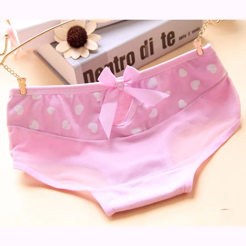 Girls Underwear 5pc/lot lace lovely panties Bow heart Low Waist Briefs Young Girl teenagers Pants children students L 8-14year