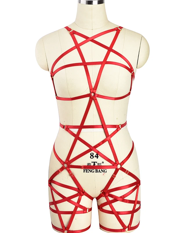 Red Pentagram Harnas Punk Pole Dance Gothic Harnas Beha Rave Pentagram Been Jarretellegordel Bondage Sexy Lingerie Set