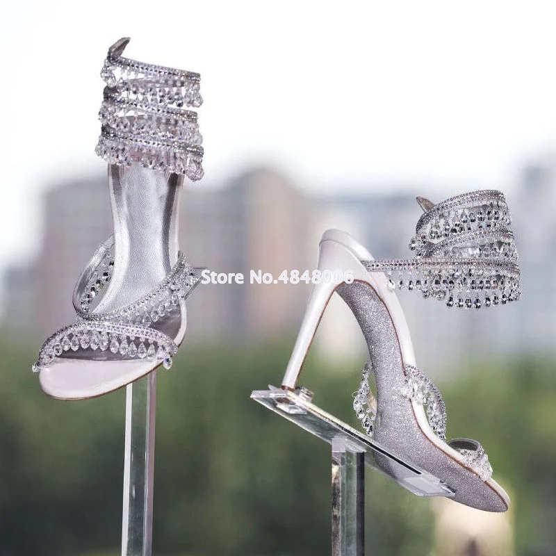 Shinning Crystal Snake Winding Gladiator Woman Sandals Thin Heeled Open Toe Beading Bridal Wedding Dress Shoes White Black