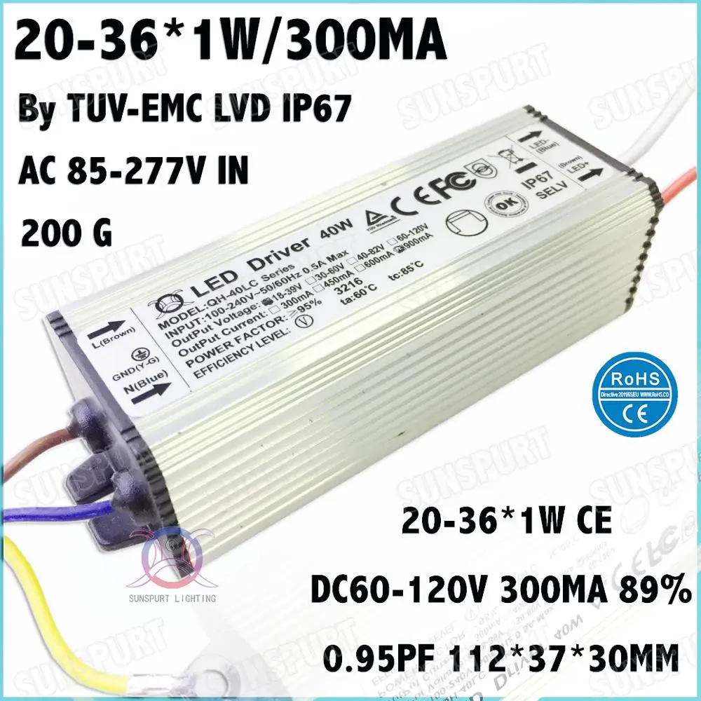 

3 Pcs By TUV-CE IP67 40W AC85-277V LED Driver 20-36x1W 300mA DC60-120V Constant Current LED Power For Ceiling Lamp Free Shipping