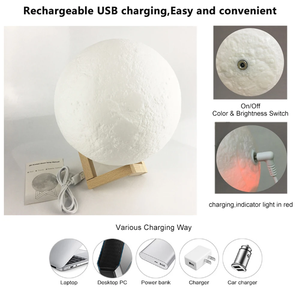 USB 충전식 달 램프 터치 스위치 LED 야간 조명, 침실 장식, 생일 선물, 다채로운 변화, 3D 프린트